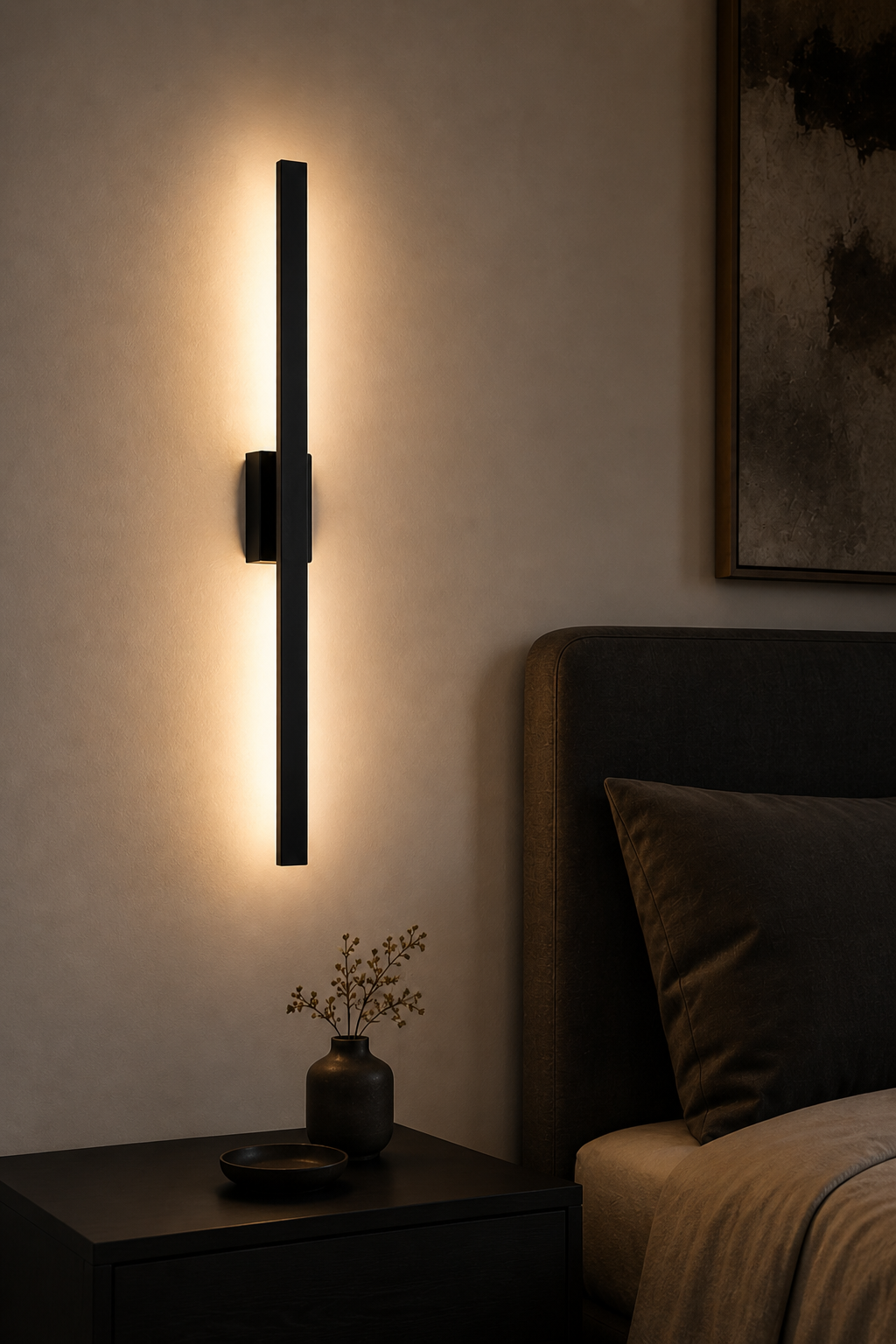 Nordlys Slim Vegglampe beside a bed in a moody luxury bedroom