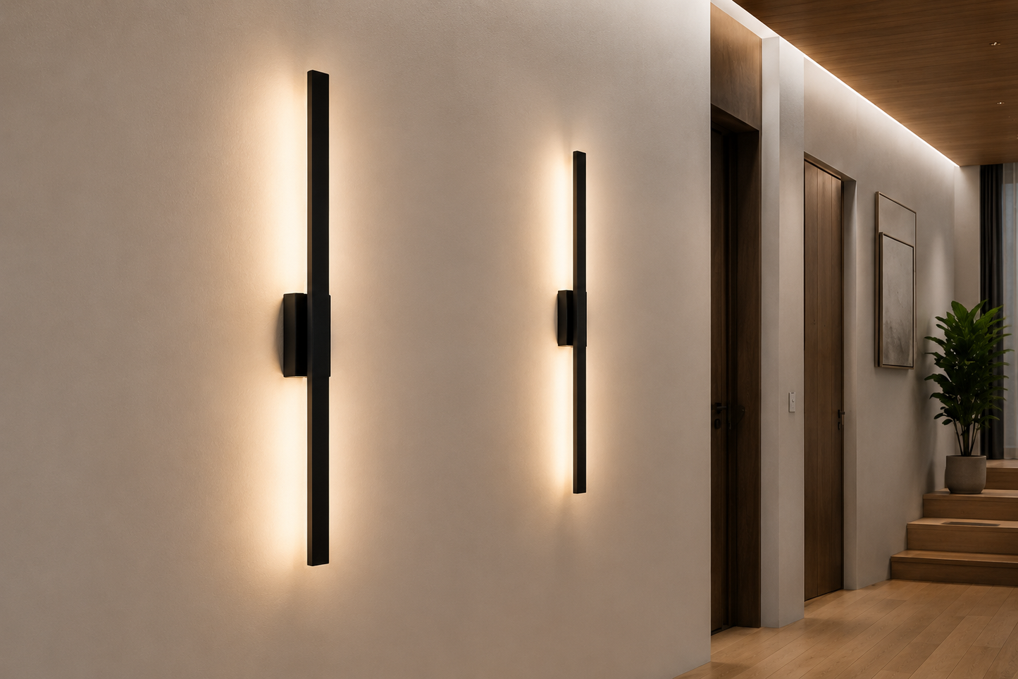 Nordlys Slim Vegglampe in a luxury hallway with warm textured light on plaster walls