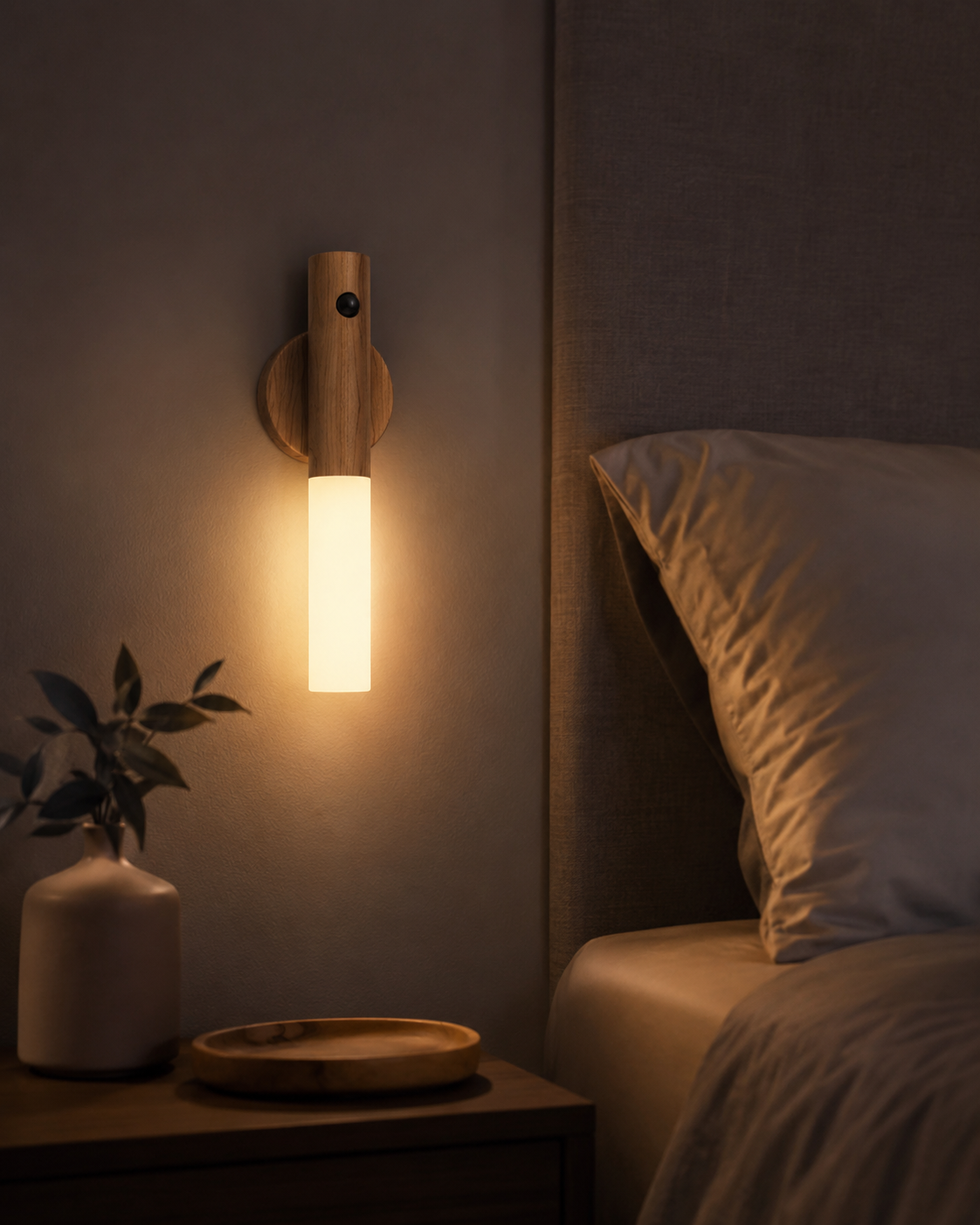 Glow Torch Night Lamp mounted in a dark hallway, warm ambient glow